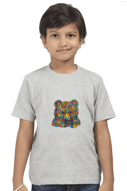 Colorful bear kids round neck t-shirt with vibrant design, made of durable 180 GSM bio-washed fabric, worn by a child.