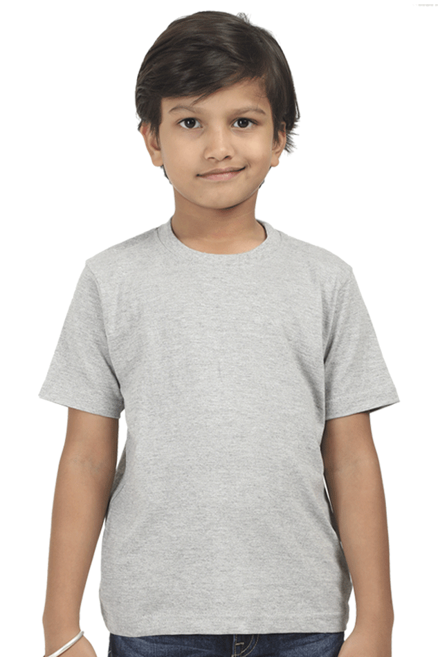 Boy wearing a kids plain round neck grey t-shirt made from durable 180 GSM bio-washed fabric, perfect for comfortable everyday wear