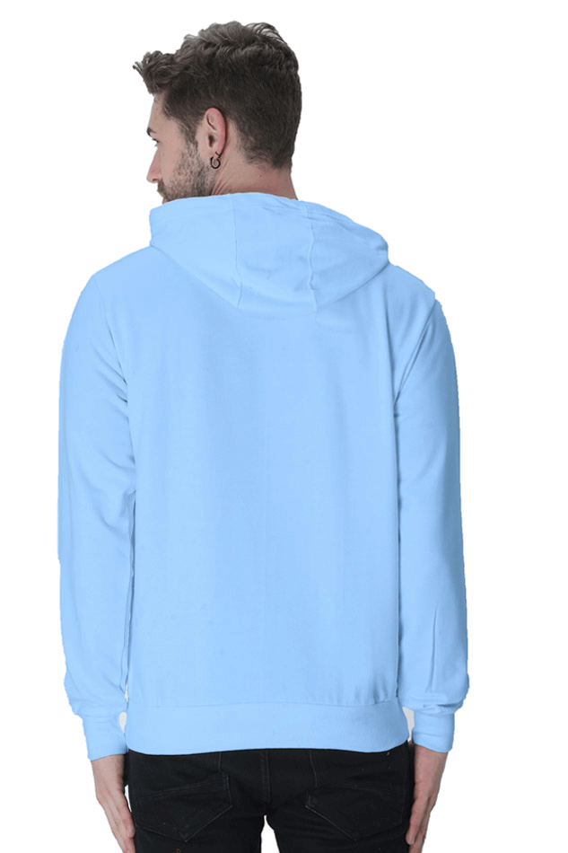 Back view of a light blue Believe hooded sweatshirt, showcasing its stylish design and cozy fit for ultimate comfort.