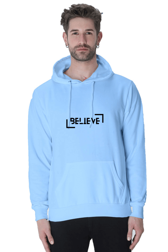 Unisex Believe Hooded Sweatshirt in light blue, featuring stylish logo design and comfortable fit for all-day wear.