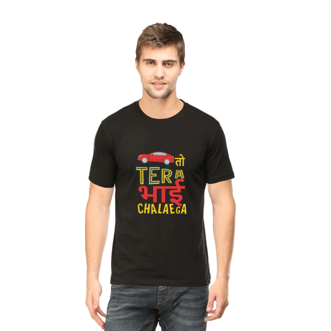 Man wearing black unisex t-shirt with GAADI TO TERA BHAI CHALAEGA text and car graphic.