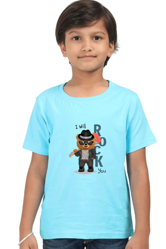 Child wearing blue "I will Rock You" kids round neck T-shirt with bear graphic, made of durable, bio-washed fabric, regular fit.