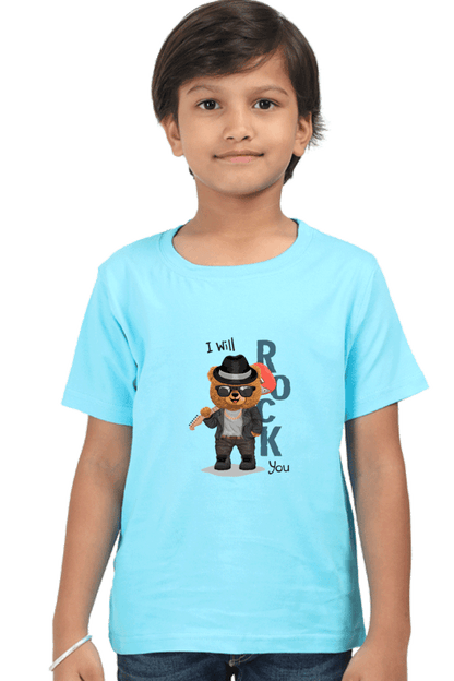 Child wearing blue "I will Rock You" kids round neck T-shirt with bear graphic, made of durable, bio-washed fabric, regular fit.