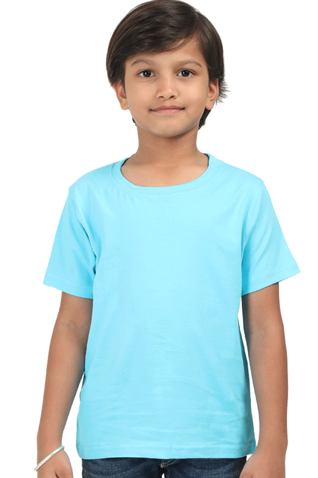 Child wearing a blue Kids Plain Round Neck Tshirt made from 180 GSM super combed bio-washed fabric with double stitched seams.