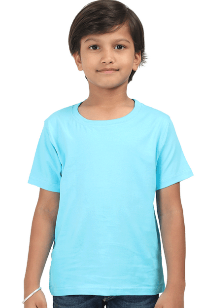 Child wearing a blue Kids Plain Round Neck Tshirt made from 180 GSM super combed bio-washed fabric with double stitched seams.