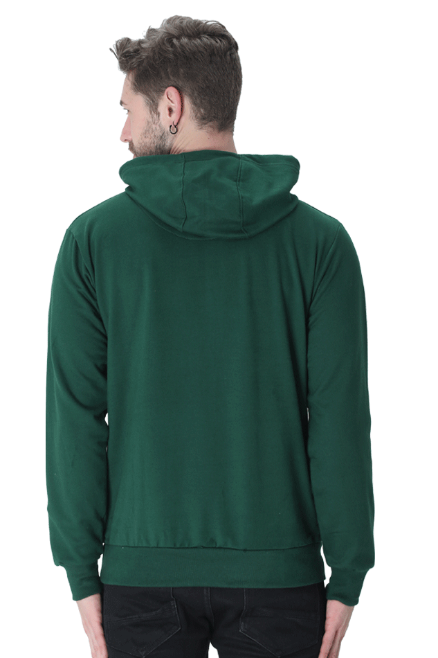 Back view of a man wearing a green unisex hooded sweatshirt by Bonzo Peter, showcasing its cozy design.