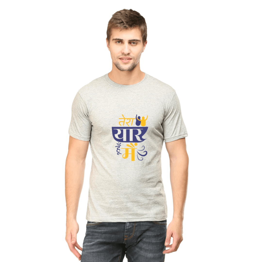 Man wearing grey 'TERA YAAR HOON MAIN' unisex t-shirt with vibrant graphic and round neck design.