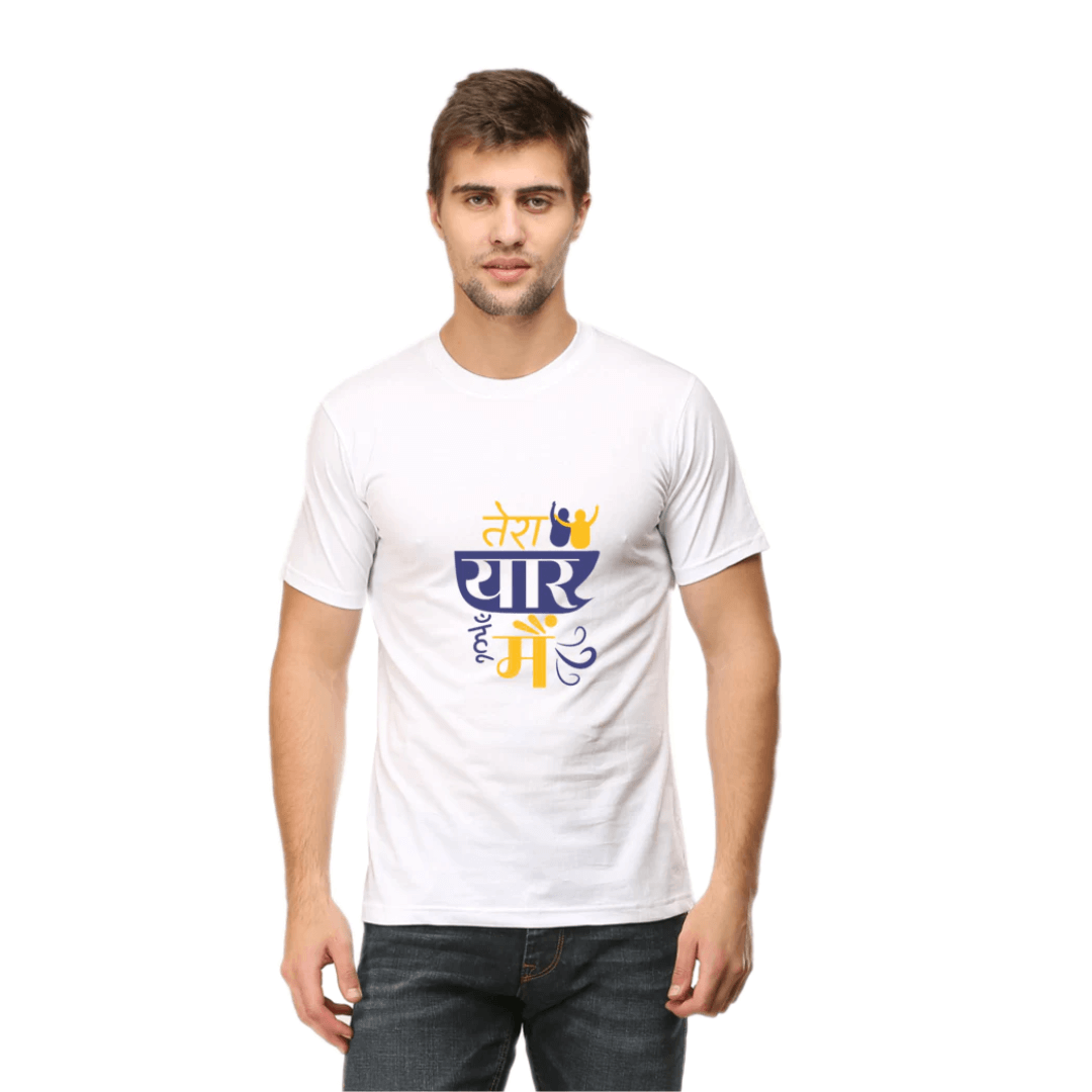 Man wearing Tera Yaar Hoon Main unisex round neck T-shirt in white color