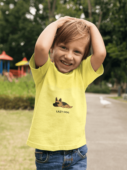 Smiling child wearing a Lazy Dog Kids T-shirt in a park