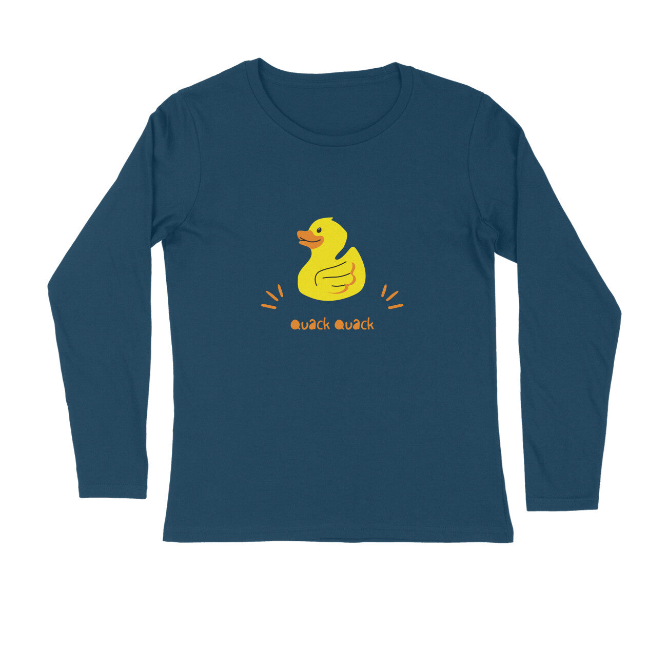 Quack Quack full sleeves round neck t-shirt in navy blue with yellow duck print, unisex, 100% combed cotton, regular fit