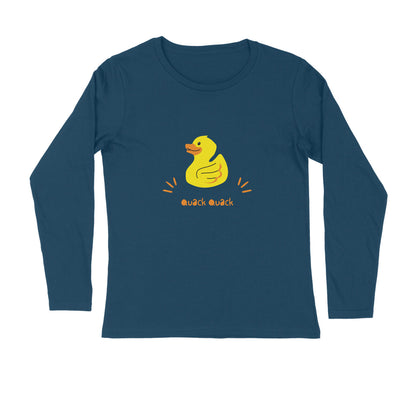 Quack Quack full sleeves round neck t-shirt in navy blue with yellow duck print, unisex, 100% combed cotton, regular fit