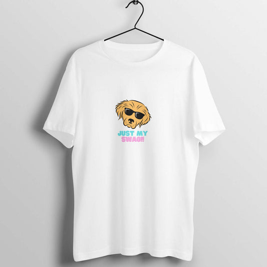 White Just My Swag round neck t-shirt with a cool dog graphic and the text "Just My Swag" on a hanger.