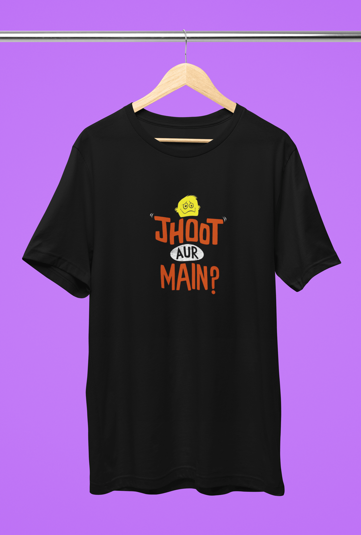 Black unisex Jhooth Aur Main? printed round neck t-shirt on hanger, 180 GSM bio-washed fabric, ribbed neck, pre-shrunk, vibrant colors.