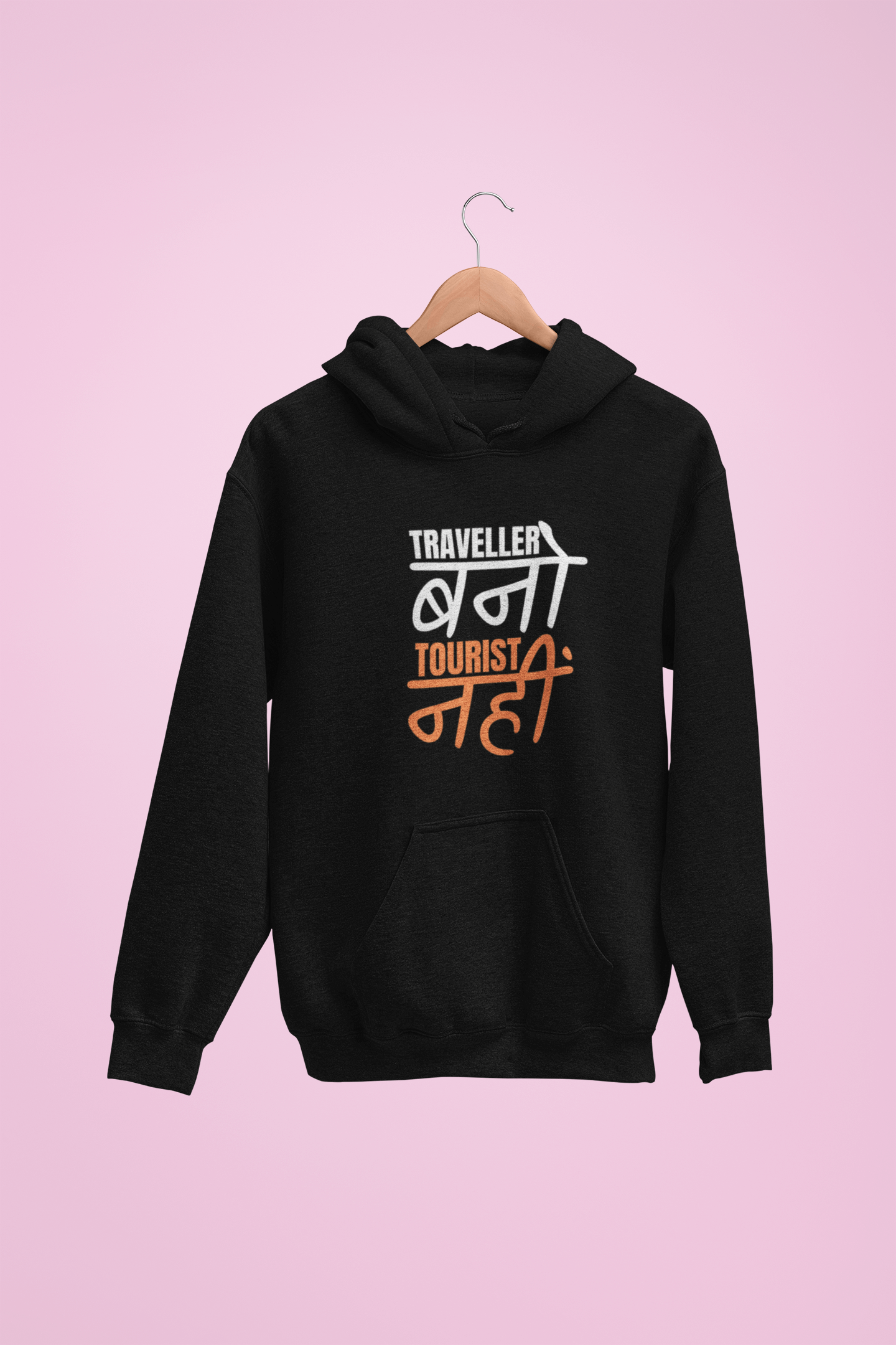 Black Traveller Hooded Sweatshirt with graphic design, perfect for cozy winter style and comfort.